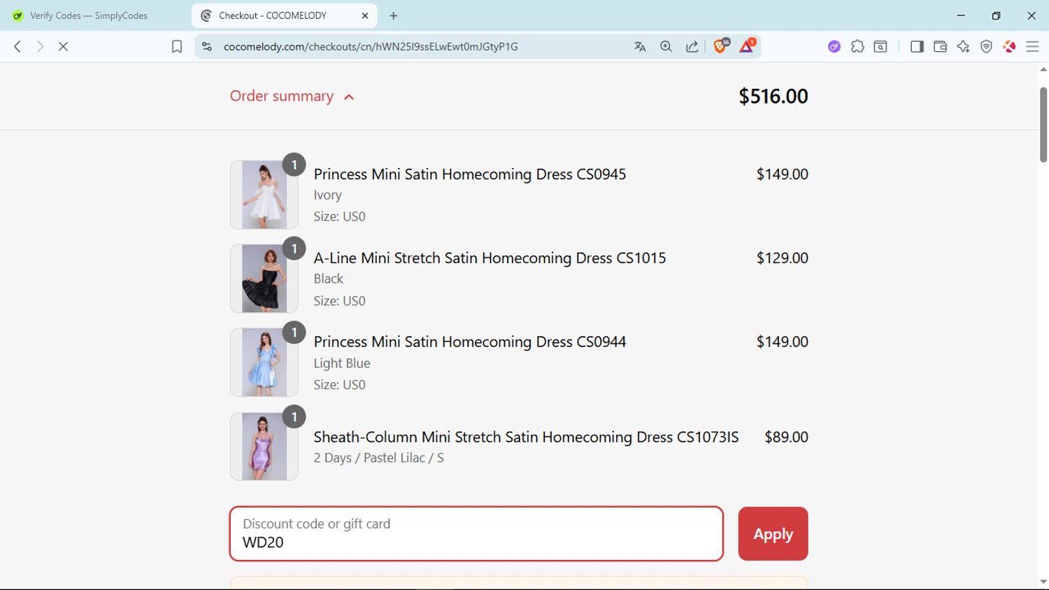 Cocomelody promo code screenshot showing code WD20 applied at Cocomelody checkout page. Uploaded by SimplyCodes community member Cucalina on Aug 22, 2025