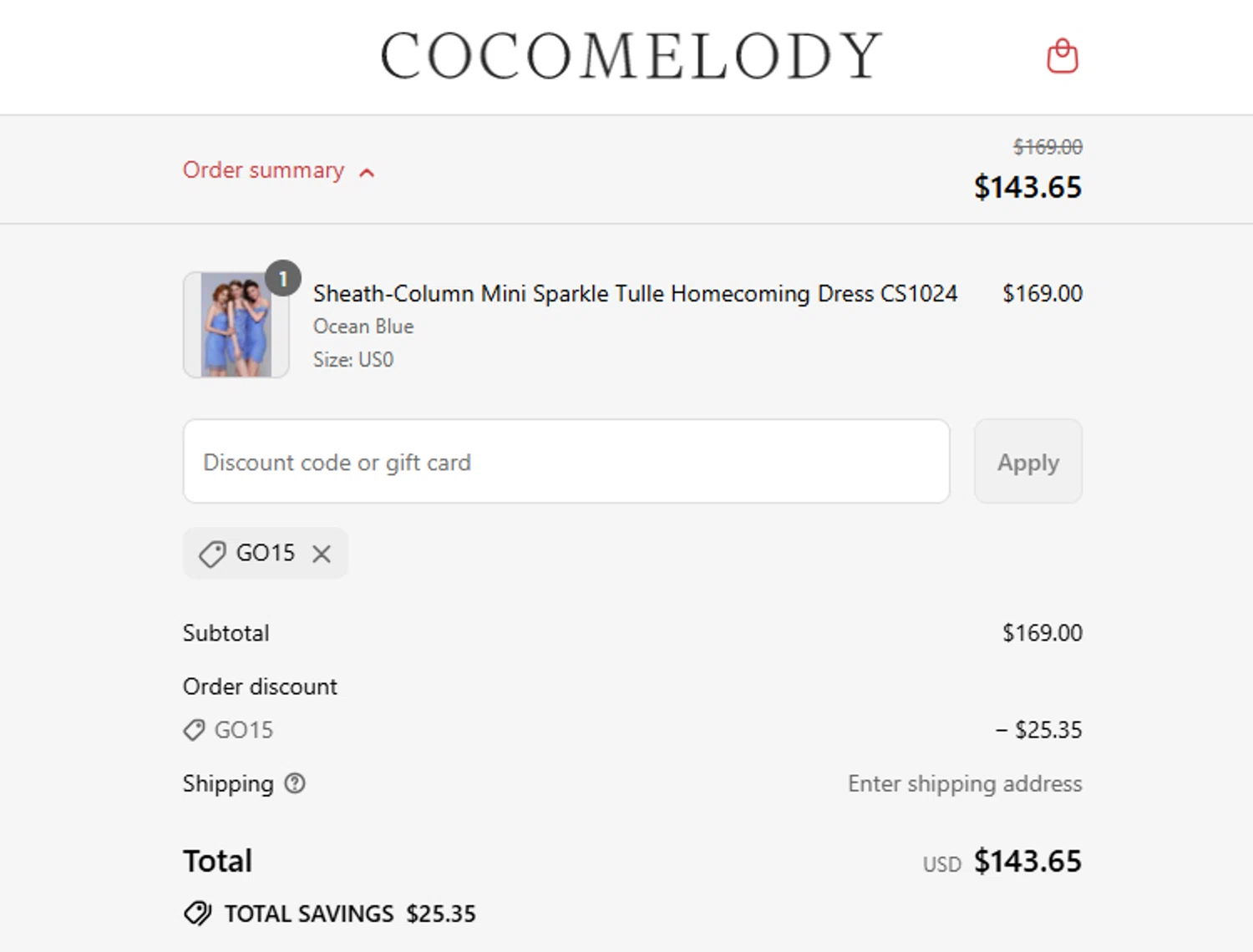 Cocomelody promo code screenshot showing code go15 applied at Cocomelody checkout page. Uploaded by SimplyCodes community member josedanielacostaguan on Aug 12, 2025
