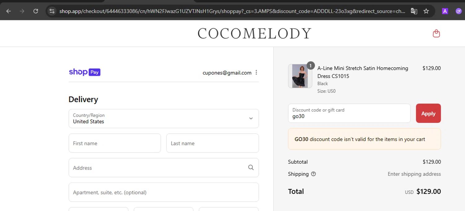 Cocomelody promo code screenshot showing code go30 applied at Cocomelody checkout page. Uploaded by SimplyCodes community member SmartVoyager1455 on Aug 26, 2025