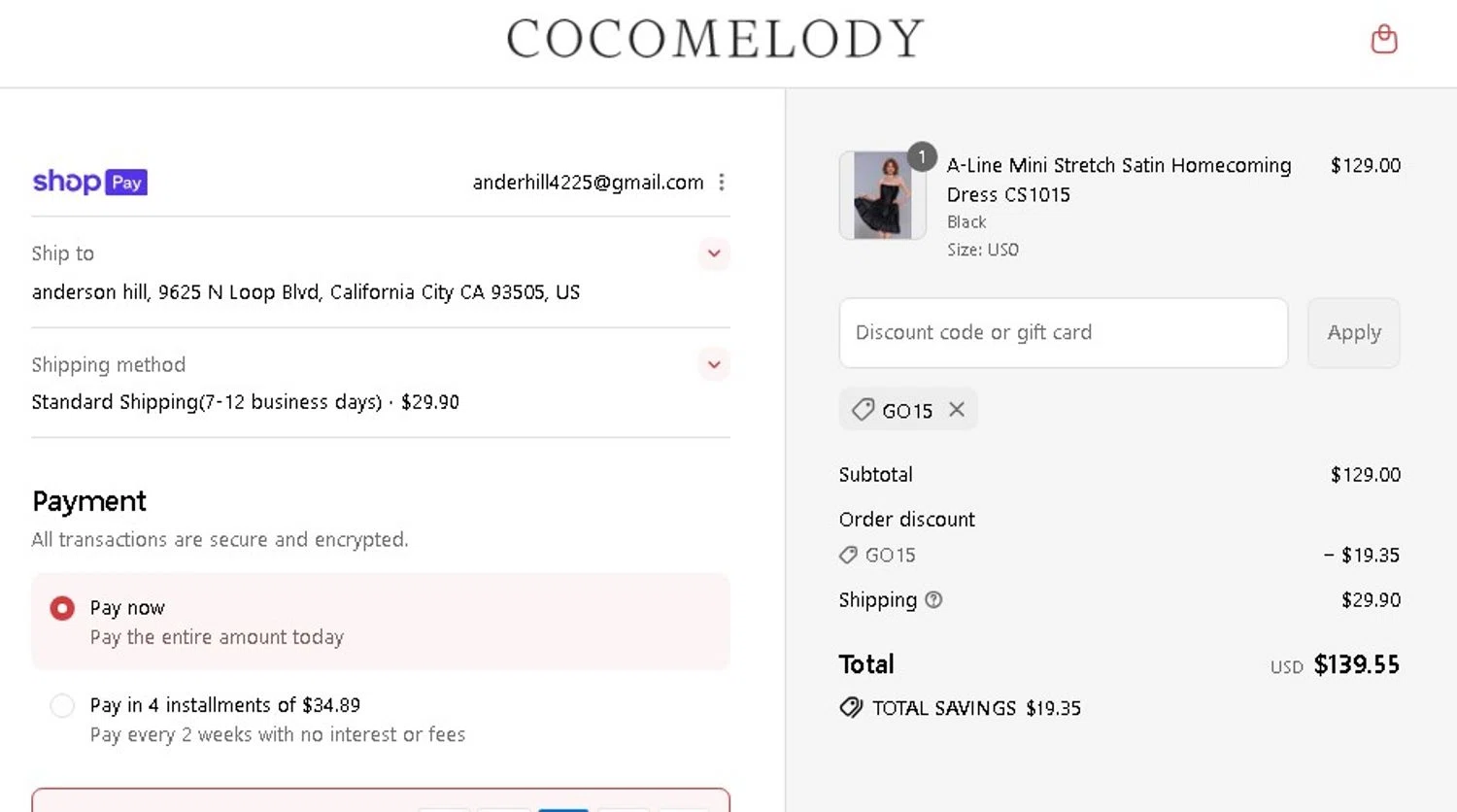 Cocomelody promo code screenshot showing code go15 applied at Cocomelody checkout page. Uploaded by SimplyCodes community member Elcompa on Aug 12, 2025