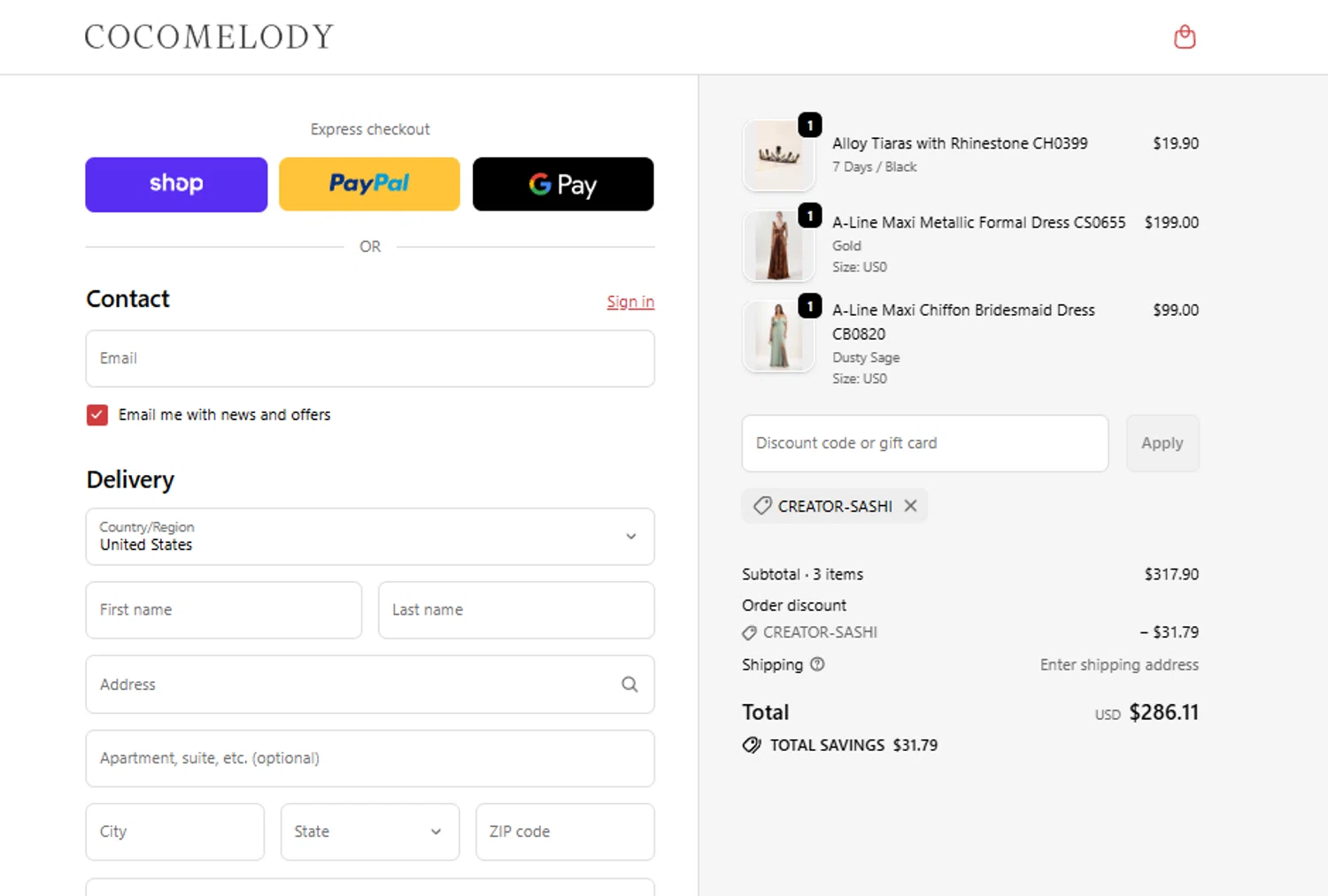 Cocomelody promo code screenshot showing code CREATOR-SASHI applied at Cocomelody checkout page. Uploaded by SimplyCodes community member SweetJireh on Jun 6, 2026