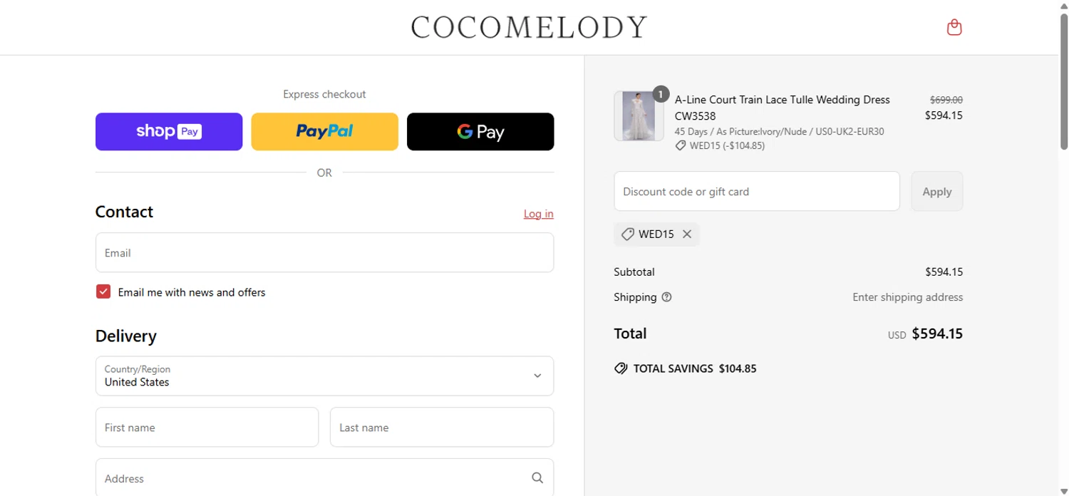 Cocomelody promo code screenshot showing code WED15 applied at Cocomelody checkout page. Uploaded by SimplyCodes community member anosesmith on May 23, 2025
