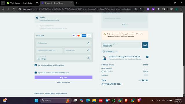 Coco Moon checkout page showing Coco Moon discount code box | Screenshot taken by SimplyCodes community member on Sep 20, 2025