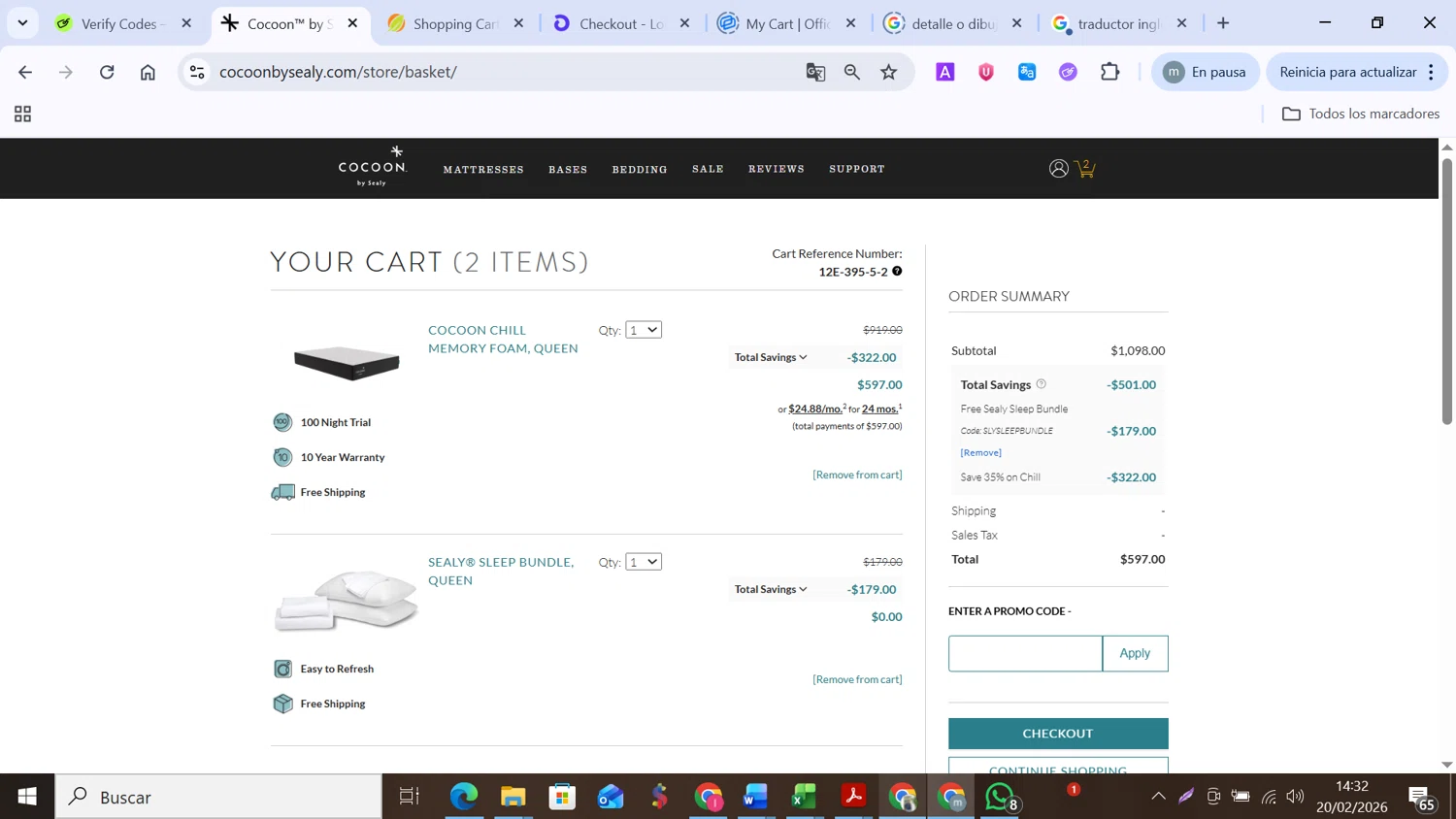 Cocoon by Sealy promo code screenshot showing code SLYSLEEPBUNDLE applied at Cocoon by Sealy checkout page. Uploaded by SimplyCodes community member MANUELURBINA on Feb 20, 2026