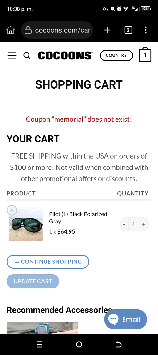 Cocoons coupon code screenshot showing code MEMORIAL applied at Cocoons checkout page. Uploaded by SimplyCodes community member Usuario_simply on Mar 6, 2025