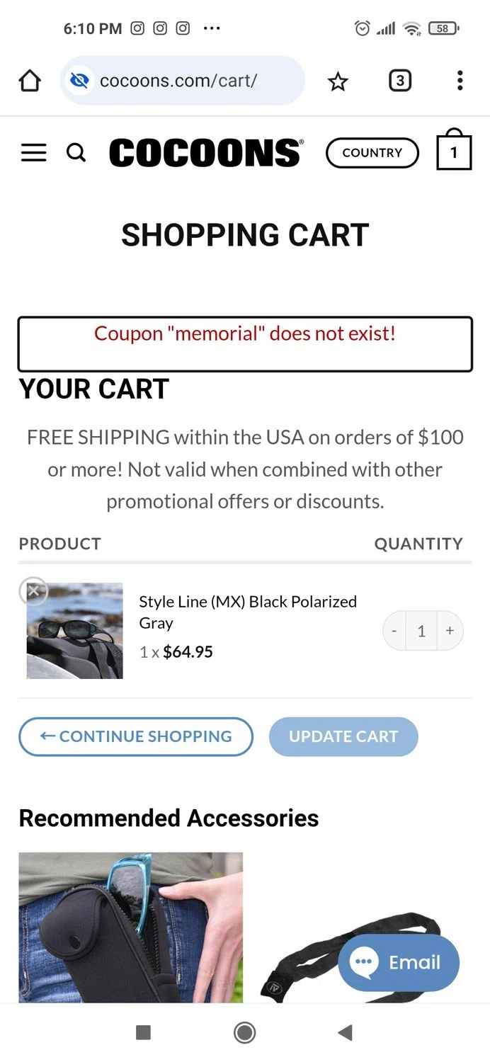 Cocoons coupon code screenshot showing code MEMORIAL applied at Cocoons checkout page. Uploaded by SimplyCodes community member Piolin on Feb 15, 2025