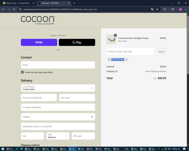 COCOON USA checkout page showing COCOON USA promo code box | Screenshot taken by SimplyCodes community member on Aug 31, 2025