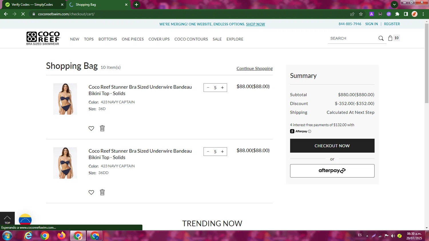 Coco Reef promo code screenshot showing code Therese20 applied at Coco Reef checkout page. Uploaded by SimplyCodes community member LegendaryBoss7060 on Jul 29, 2025