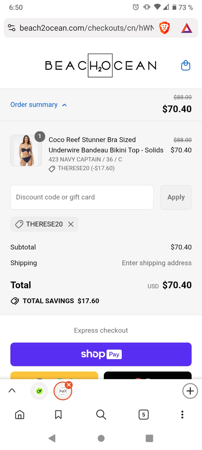 Coco Reef promo code screenshot showing code Therese20 applied at Coco Reef checkout page. Uploaded by SimplyCodes community member victor on Aug 27, 2025