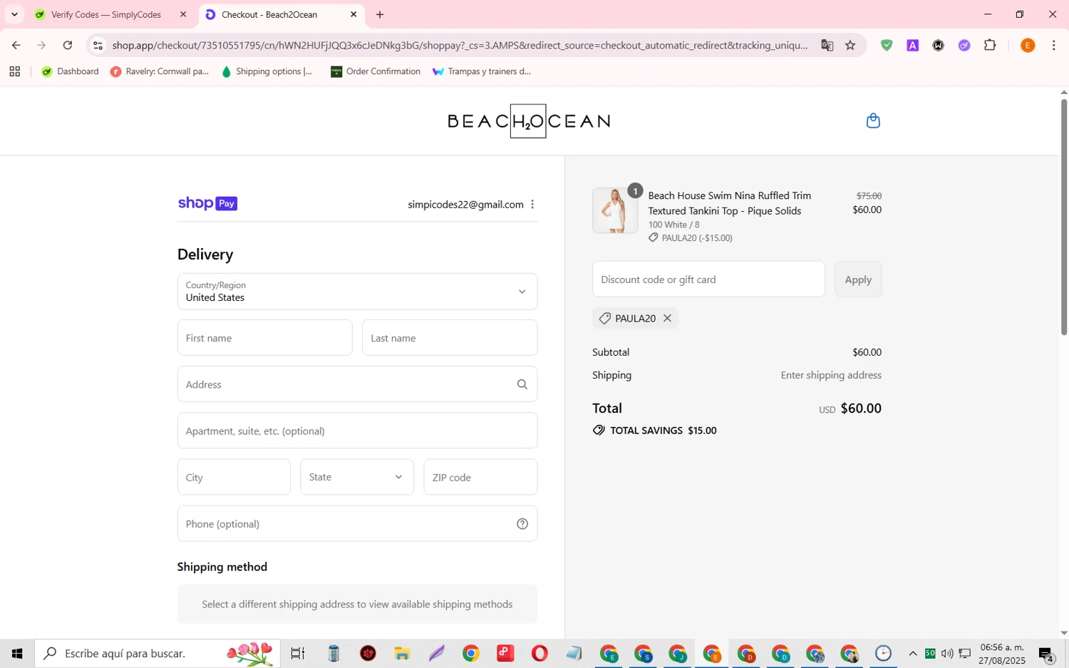 Coco Reef promo code screenshot showing code paula20 applied at Coco Reef checkout page. Uploaded by SimplyCodes community member RewardFalcon3197 on Aug 27, 2025