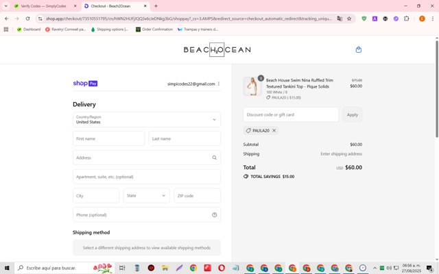Coco Reef checkout page showing Coco Reef promo code box | Screenshot taken by SimplyCodes community member on Aug 27, 2025