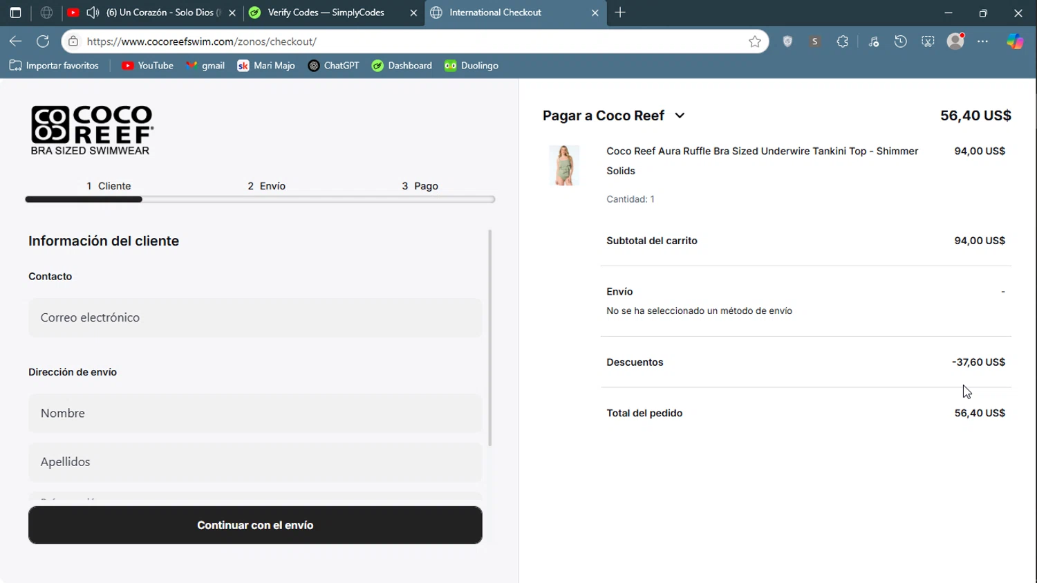 Coco Reef promo code screenshot showing code TINA20 applied at Coco Reef checkout page. Uploaded by SimplyCodes community member ShieldGenius127 on Jun 19, 2025