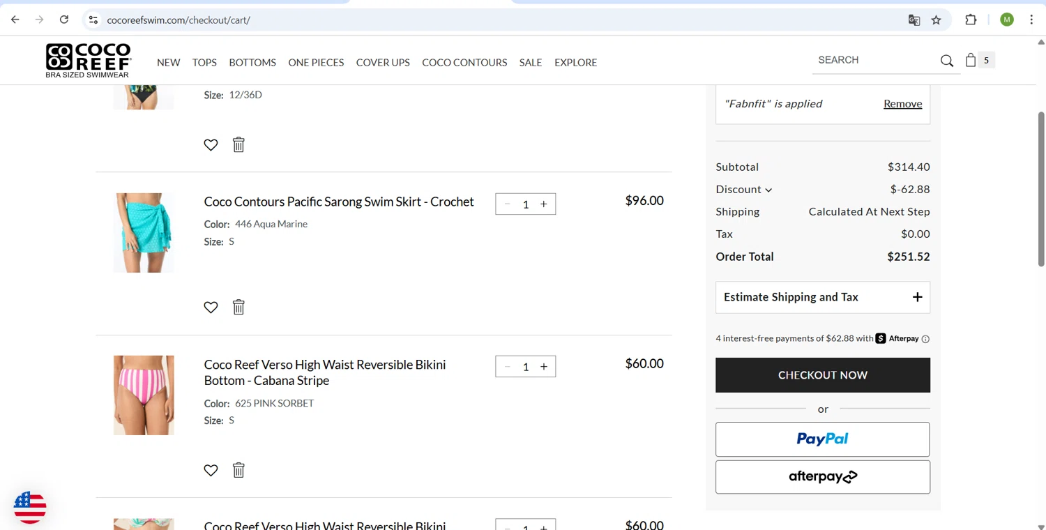 Coco Reef promo code screenshot showing code Fabnfit applied at Coco Reef checkout page. Uploaded by SimplyCodes community member ScanHunter7116 on May 8, 2025