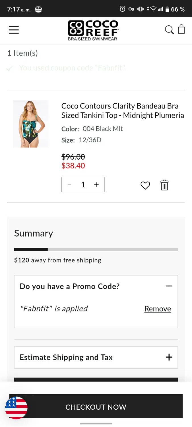 Coco Reef promo code screenshot showing code Fabnfit applied at Coco Reef checkout page. Uploaded by SimplyCodes community member Bjhfuhdf on Apr 7, 2025