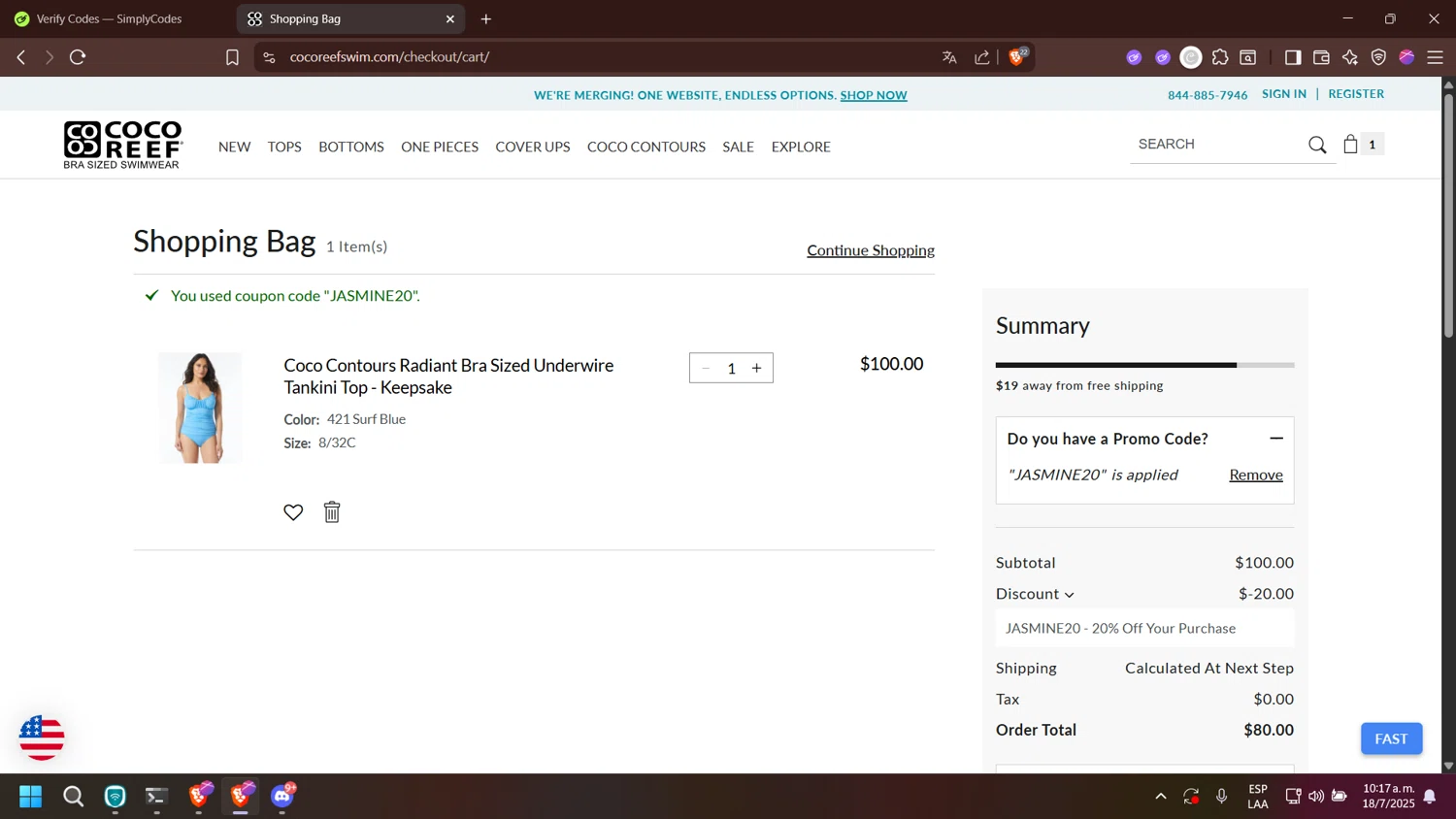 Coco Reef promo code screenshot showing code JASMINE20 applied at Coco Reef checkout page. Uploaded by SimplyCodes community member trabajo on Jul 18, 2025
