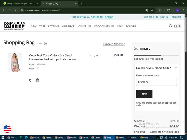 Coco Reef checkout page showing Coco Reef promo code box | Screenshot taken by SimplyCodes community member on Jul 31, 2025