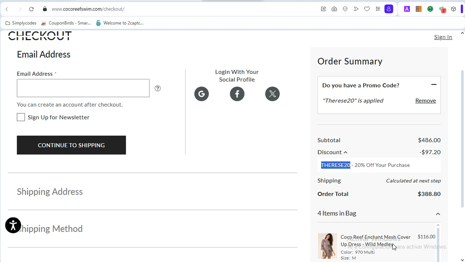 Coco Reef promo code screenshot showing code THERESE20 applied at Coco Reef checkout page. Uploaded by SimplyCodes community member GoldAce5838 on Apr 4, 2025