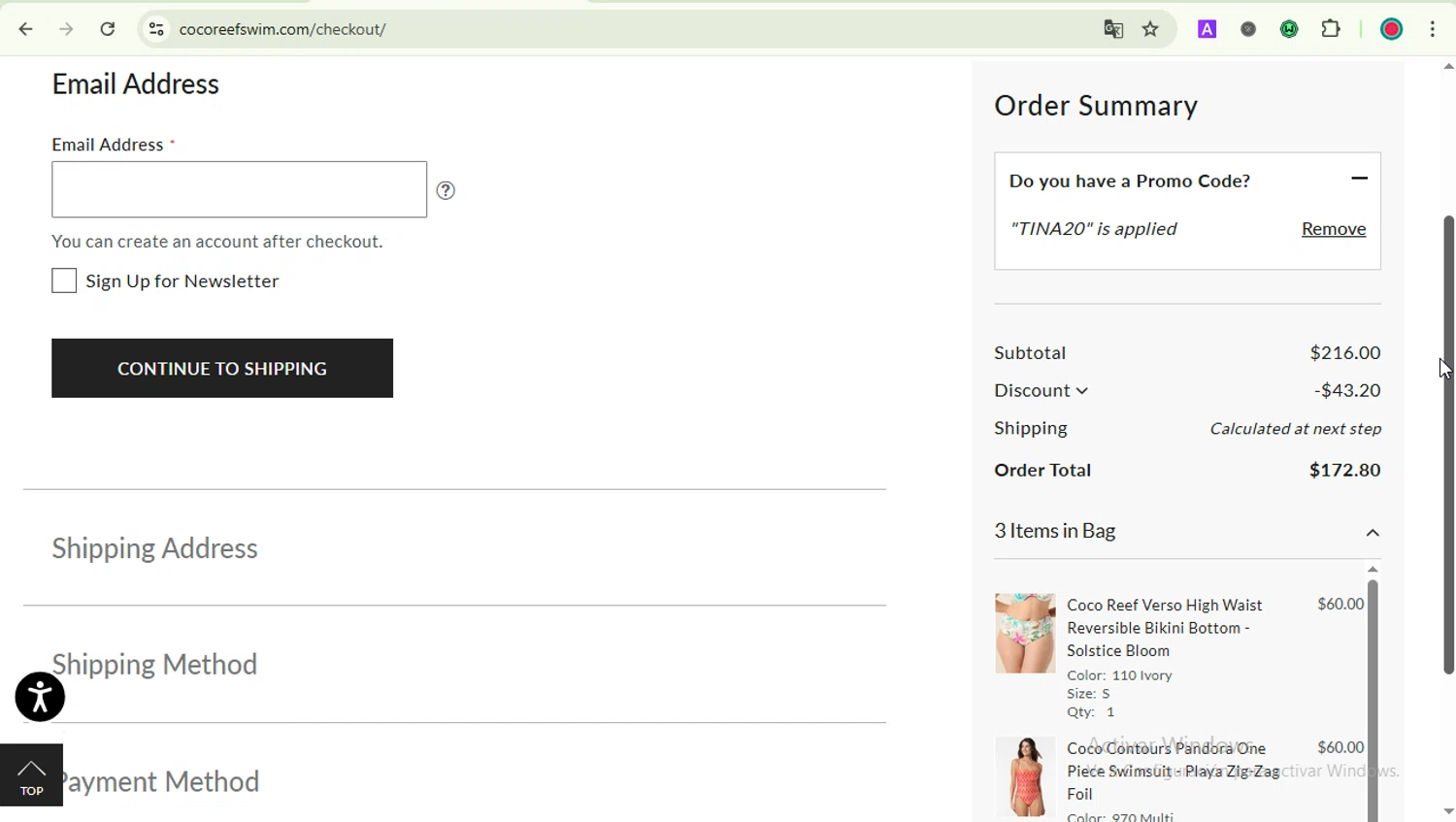 Coco Reef promo code screenshot showing code TINA20 applied at Coco Reef checkout page. Uploaded by SimplyCodes community member GoldAce5838 on Apr 11, 2025