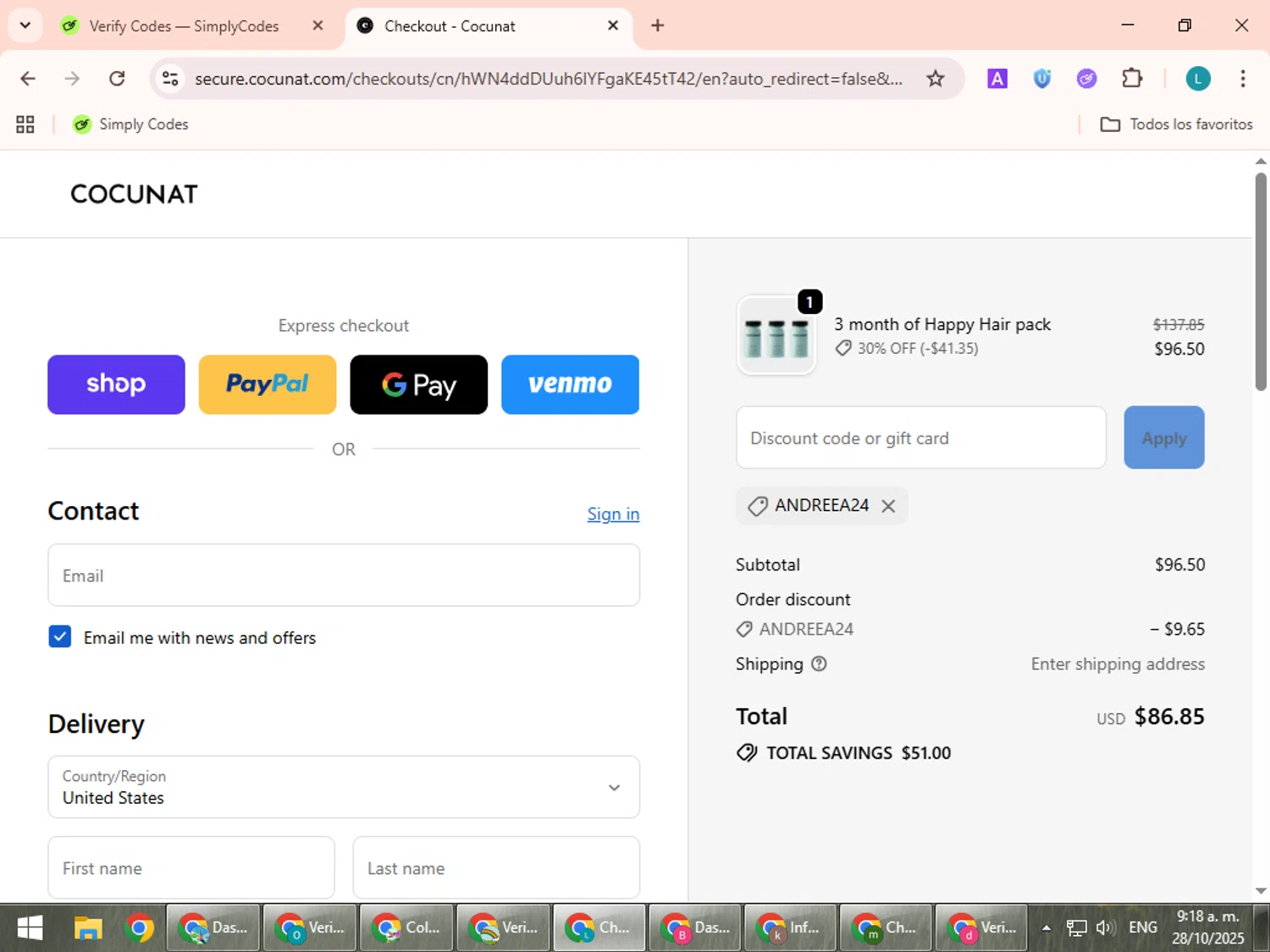 Cocunat Store promo code screenshot showing code ANDREEA24 applied at Cocunat Store checkout page. Uploaded by SimplyCodes community member LuckyLegend792 on Oct 28, 2025