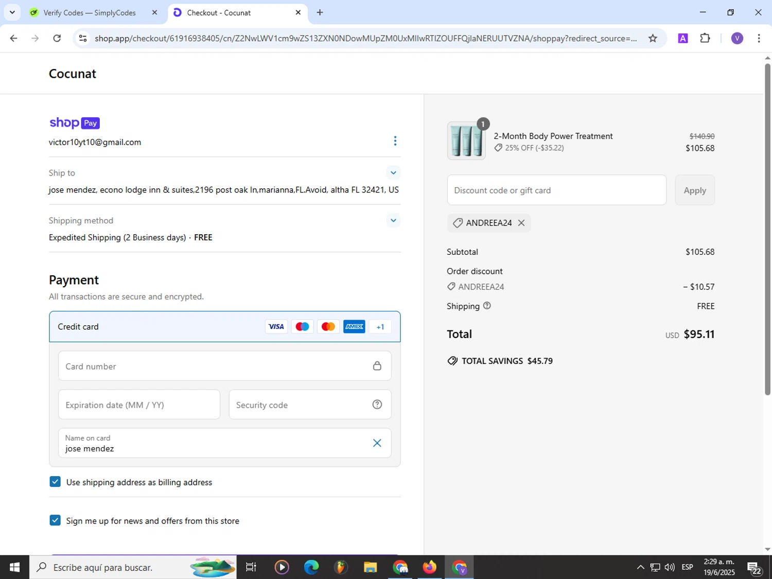 Cocunat Store promo code screenshot showing code ANDREEA24 applied at Cocunat Store checkout page. Uploaded by SimplyCodes community member Satoru_gojo on Jun 19, 2025