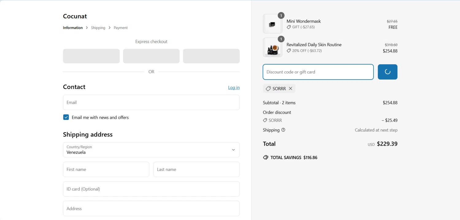 Cocunat Store promo code screenshot showing code SORRR applied at Cocunat Store checkout page. Uploaded by SimplyCodes community member Airtek on Apr 1, 2025