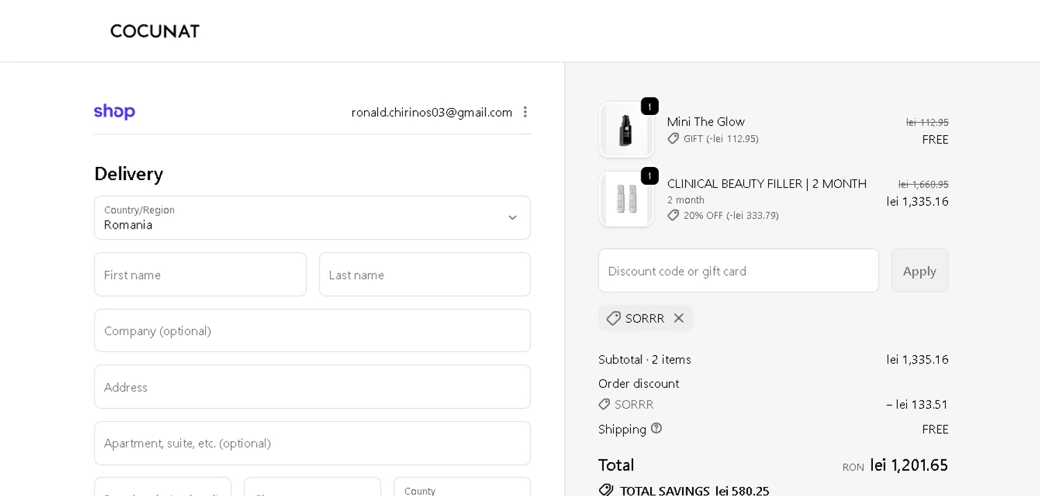 Cocunat Store checkout page showing Cocunat Store promo code box | Screenshot taken by SimplyCodes community member on Jan 14, 2026