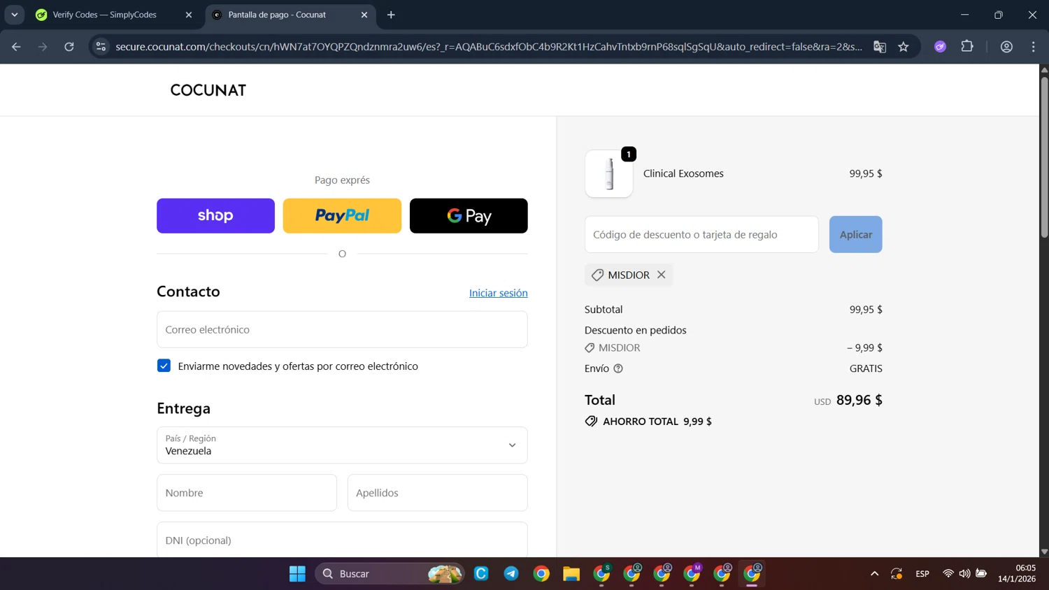 Cocunat Store checkout page showing Cocunat Store promo code box | Screenshot taken by SimplyCodes community member on Jan 14, 2026