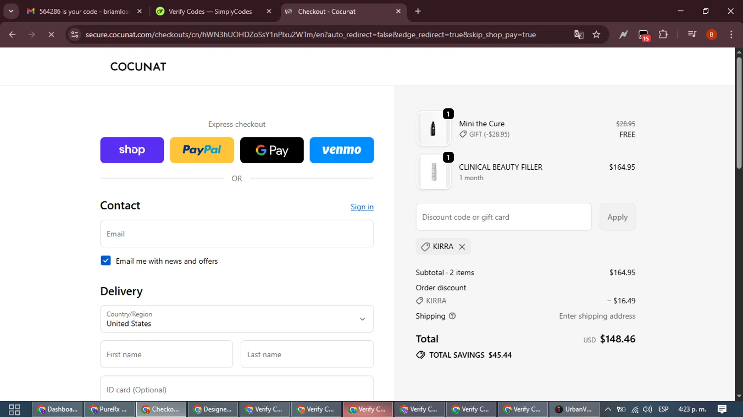 Cocunat Store promo code screenshot showing code KIRRA applied at Cocunat Store checkout page. Uploaded by SimplyCodes community member DiscountExpert6435 on Oct 3, 2025