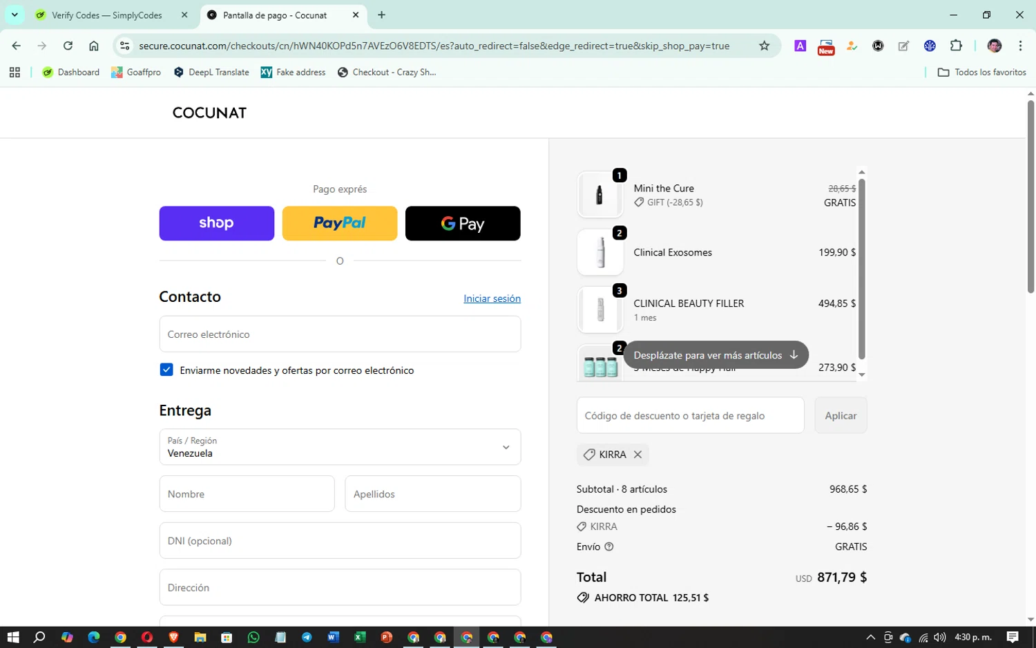 Cocunat Store promo code screenshot showing code KIRRA applied at Cocunat Store checkout page. Uploaded by SimplyCodes community member Oklahoma_City on Oct 11, 2025