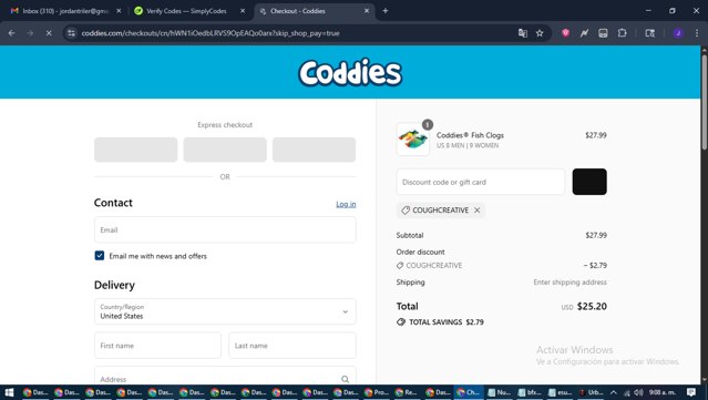 Coddies checkout page showing Coddies discount code box | Screenshot taken by SimplyCodes community member on Aug 12, 2025
