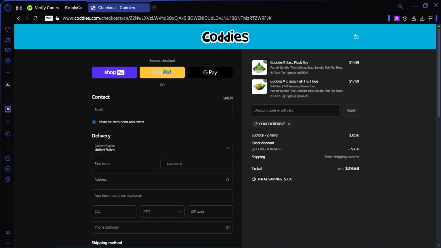 Coddies discount code screenshot showing code Coughcreative applied at Coddies checkout page. Uploaded by SimplyCodes community member SavingsWhiz9509 on Mar 19, 2025