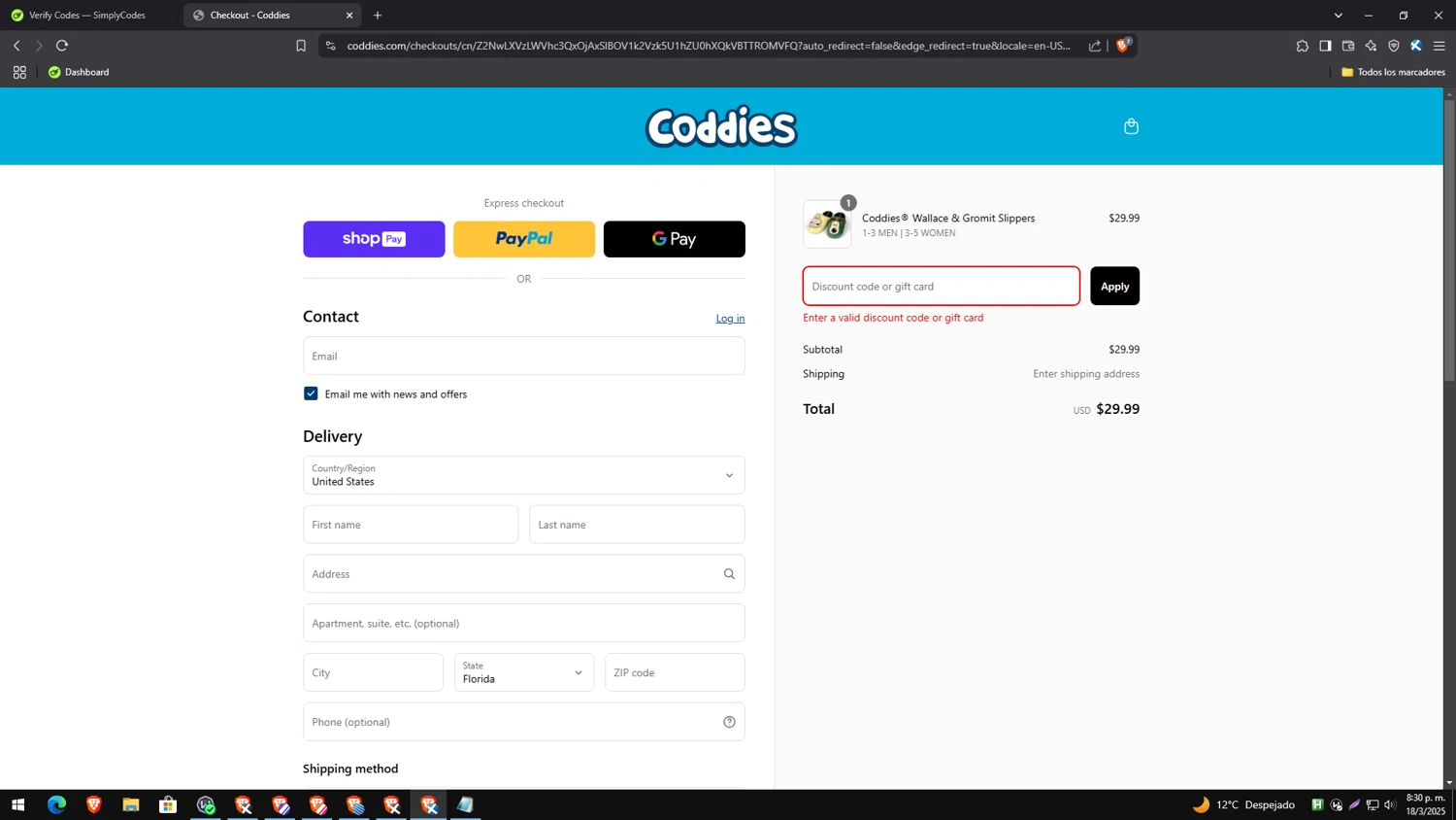 Coddies discount code screenshot showing code NEWYEARFISH applied at Coddies checkout page. Uploaded by SimplyCodes community member PrimeExpert2544 on Mar 19, 2025