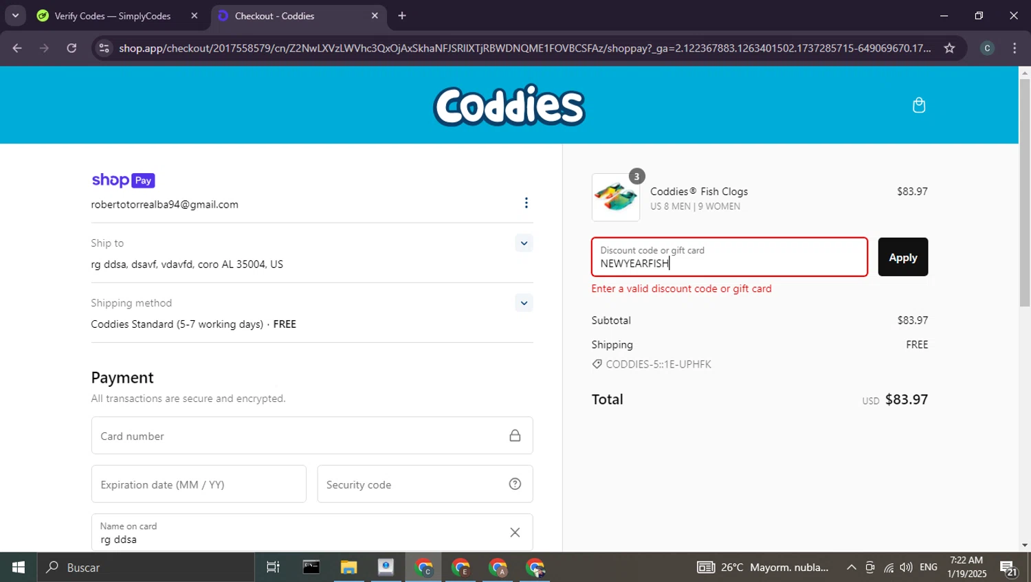 Coddies discount code screenshot showing code NEWYEARFISH applied at Coddies checkout page. Uploaded by SimplyCodes community member benjamnlev on Jan 19, 2025