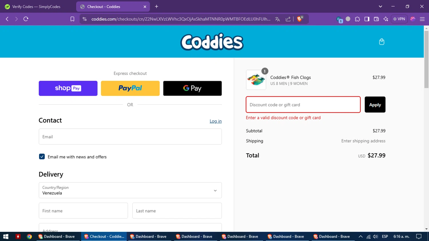 Coddies discount code screenshot showing code NEWYEARFISH applied at Coddies checkout page. Uploaded by SimplyCodes community member CleverMaverick2546 on Jan 19, 2025