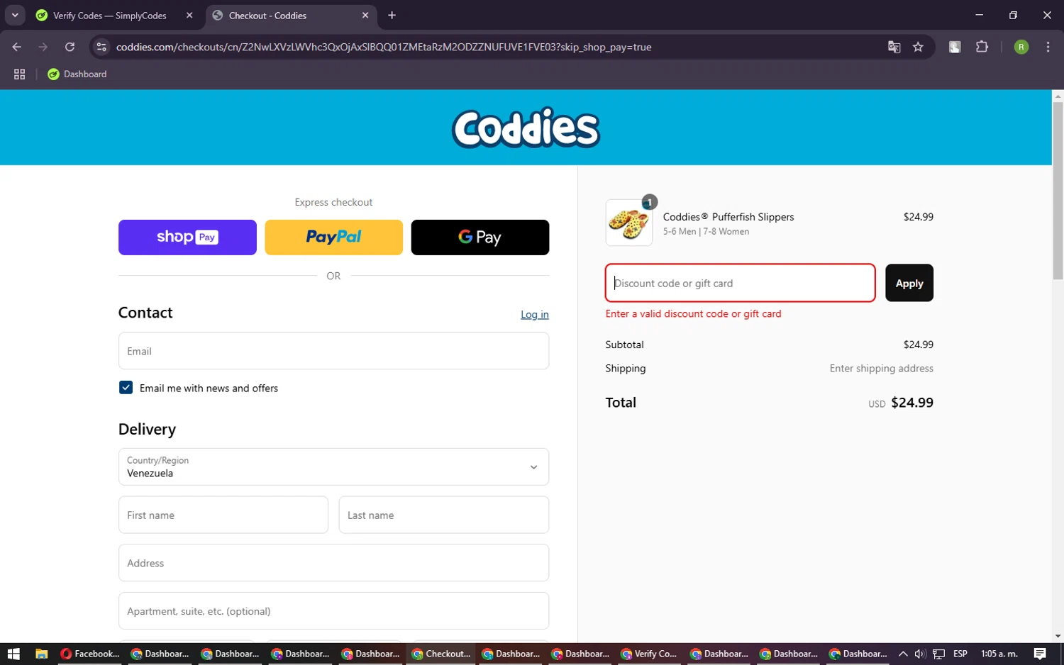 Coddies discount code screenshot showing code SHESELLS applied at Coddies checkout page. Uploaded by SimplyCodes community member CouponRanger9482 on Mar 19, 2025