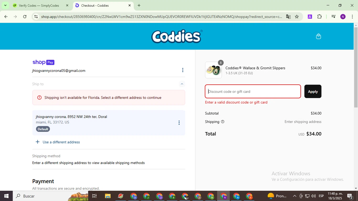 Coddies discount code screenshot showing code SHESELLS applied at Coddies checkout page. Uploaded by SimplyCodes community member QuestOwl9632 on Mar 19, 2025