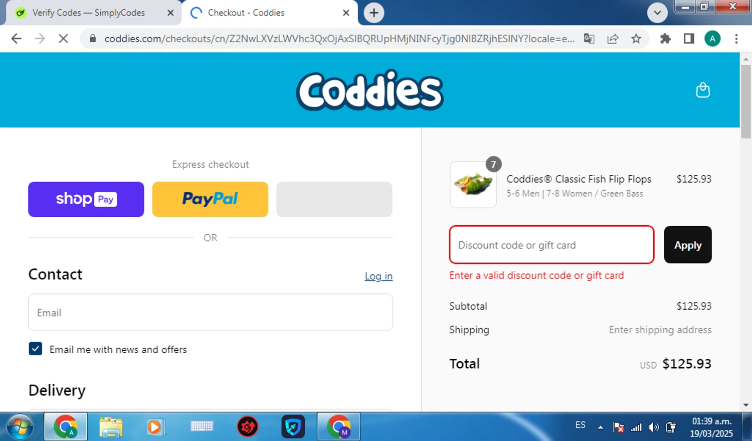 Coddies discount code screenshot showing code SHESELLS applied at Coddies checkout page. Uploaded by SimplyCodes community member huijsen on Mar 19, 2025