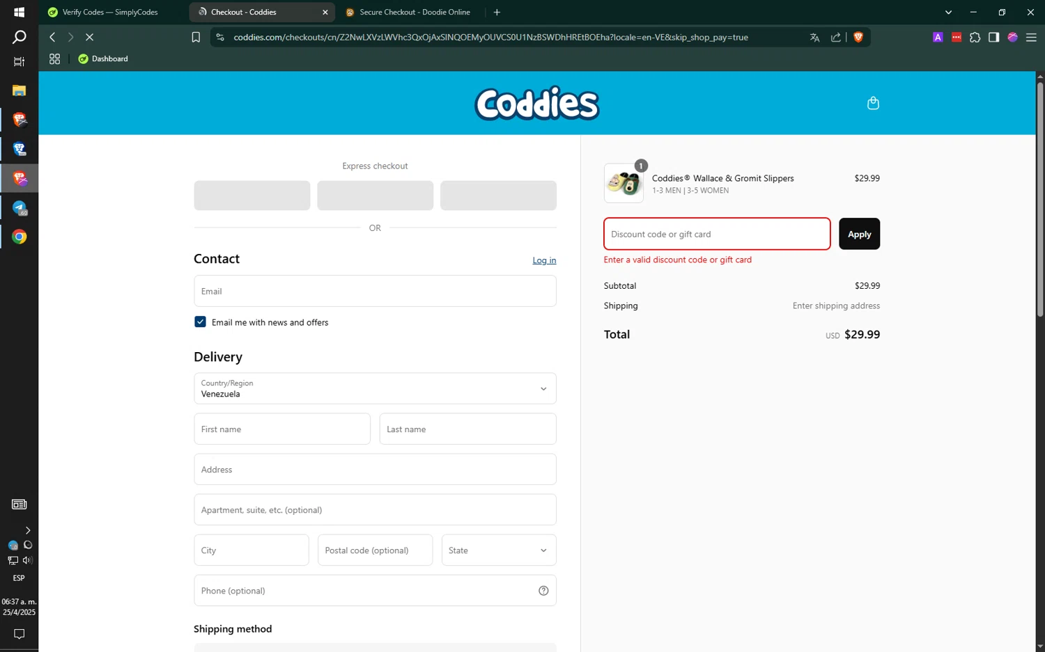 Coddies discount code screenshot showing code EASTER applied at Coddies checkout page. Uploaded by SimplyCodes community member FrugalEagle9163 on Apr 25, 2025