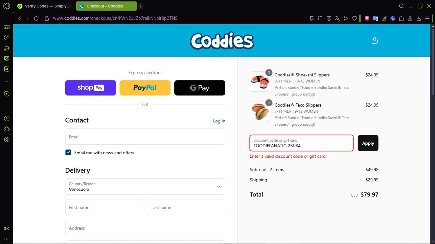 Coddies discount code screenshot showing code FOODIEFANATIC-2BIJK4 applied at Coddies checkout page. Uploaded by SimplyCodes community member CleverMaven2889 on Aug 28, 2025
