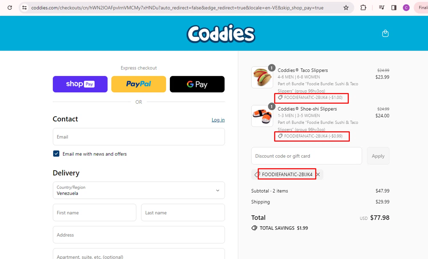 Coddies discount code screenshot showing code FOODIEFANATIC-2BIJK4 applied at Coddies checkout page. Uploaded by SimplyCodes community member nileskamarcano on Aug 27, 2025