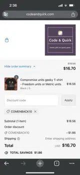COMENBACK10 coupon verification screenshot