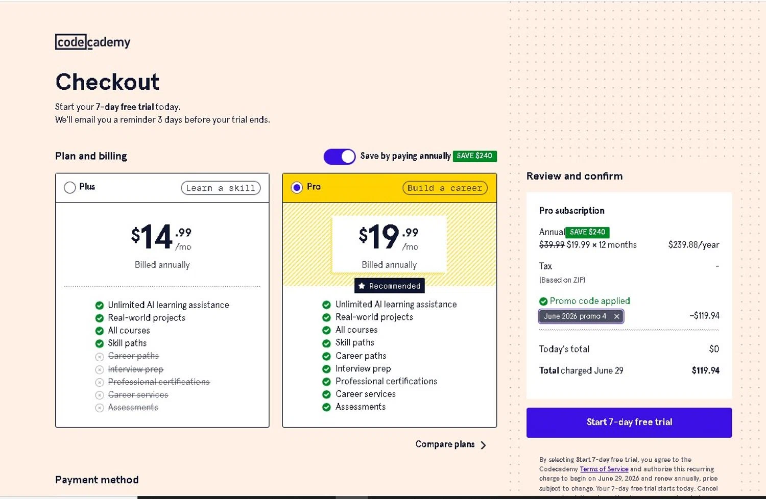 Codecademy promo code screenshot showing code SUMMERUPSKILL applied at Codecademy checkout page. Uploaded by SimplyCodes community member LAMINEJAMAL on Jun 22, 2026