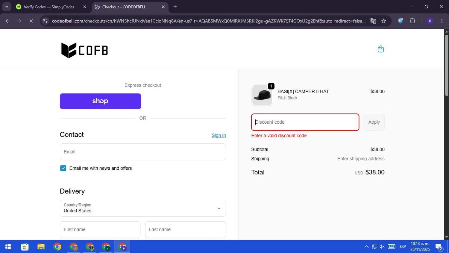 CODEOFBELL discount code screenshot showing code BFCM applied at CODEOFBELL checkout page. Uploaded by SimplyCodes community member RebateScout6612 on Nov 25, 2025