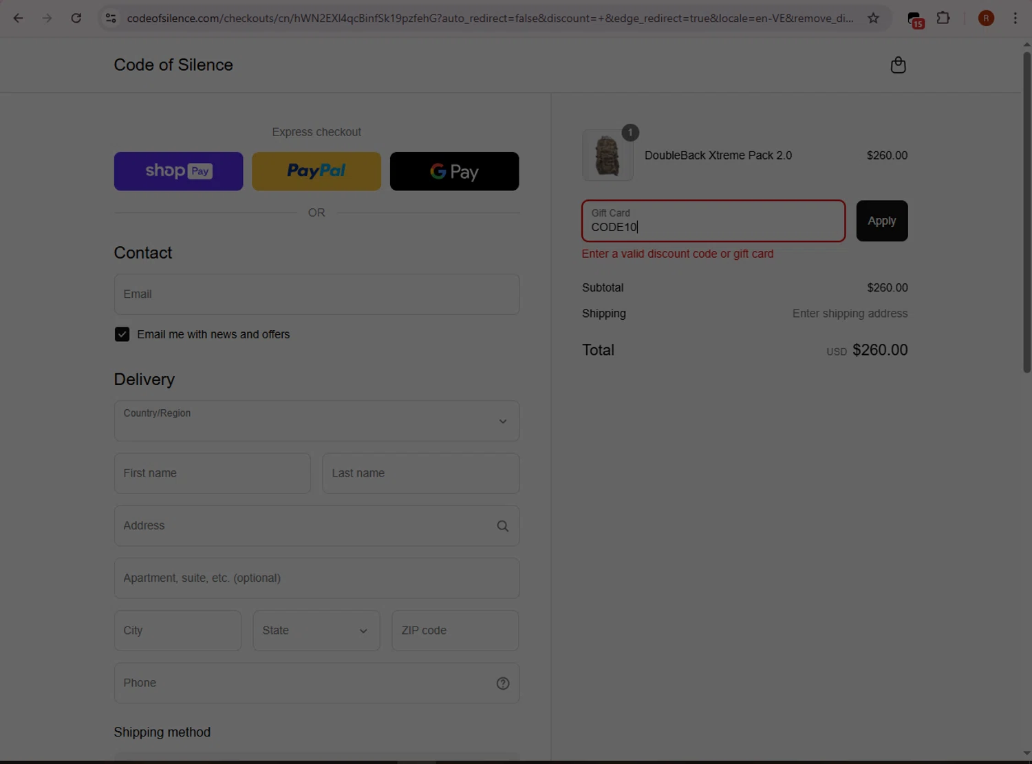 Code of Silence discount code screenshot showing code CODE10 applied at Code of Silence checkout page. Uploaded by SimplyCodes community member BrilliantRanger8168 on Aug 26, 2025