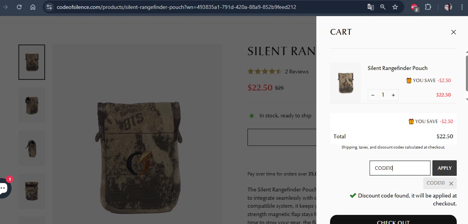 Code of Silence discount code screenshot showing code CODE10 applied at Code of Silence checkout page. Uploaded by SimplyCodes community member Jhonny on Aug 22, 2025