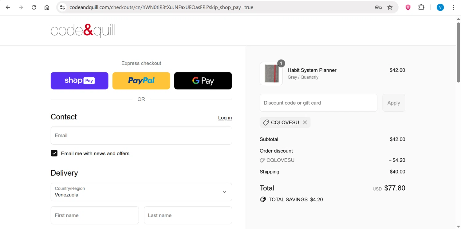 Code & Quill promo code screenshot showing code CQLOVESU applied at Code & Quill checkout page. Uploaded by SimplyCodes community member CleverPilot4885 on Jul 22, 2025