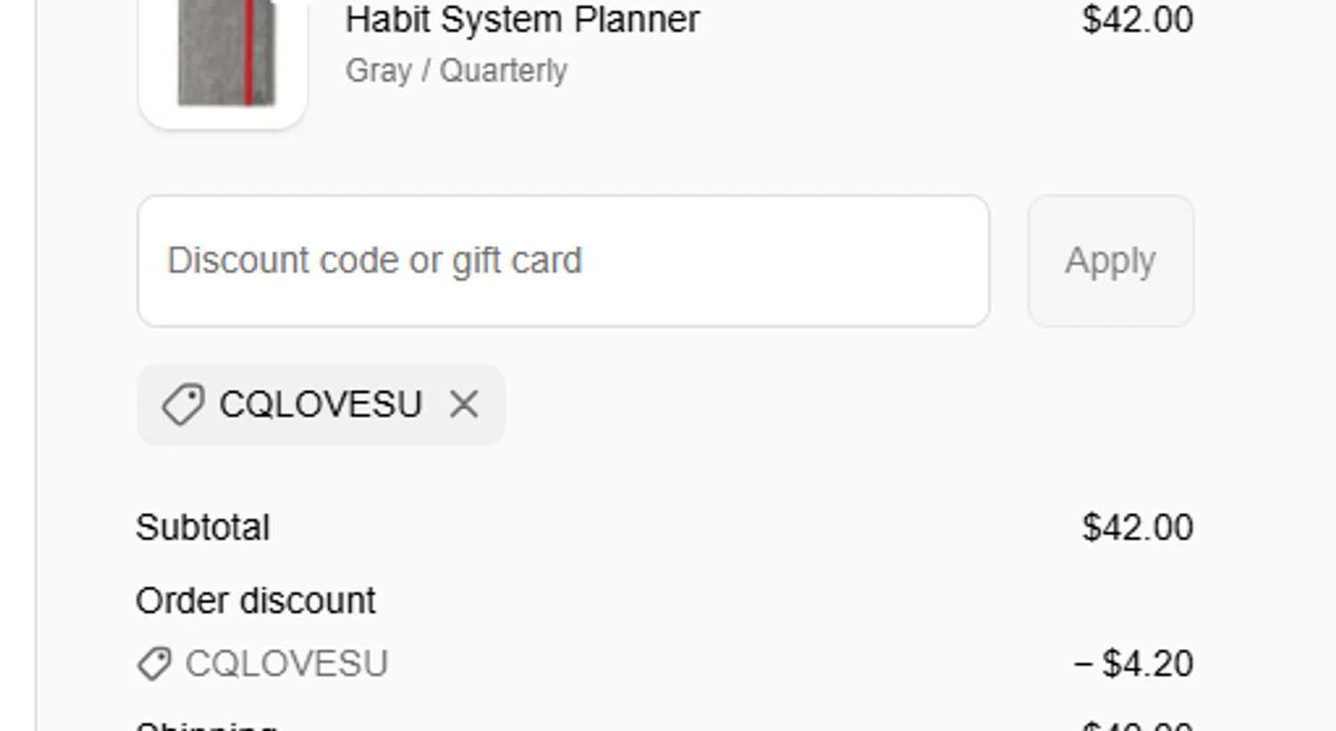 Code & Quill promo code screenshot showing code CQLOVESU applied at Code & Quill checkout page. Uploaded by SimplyCodes community member PromoScout8746 on Oct 13, 2025