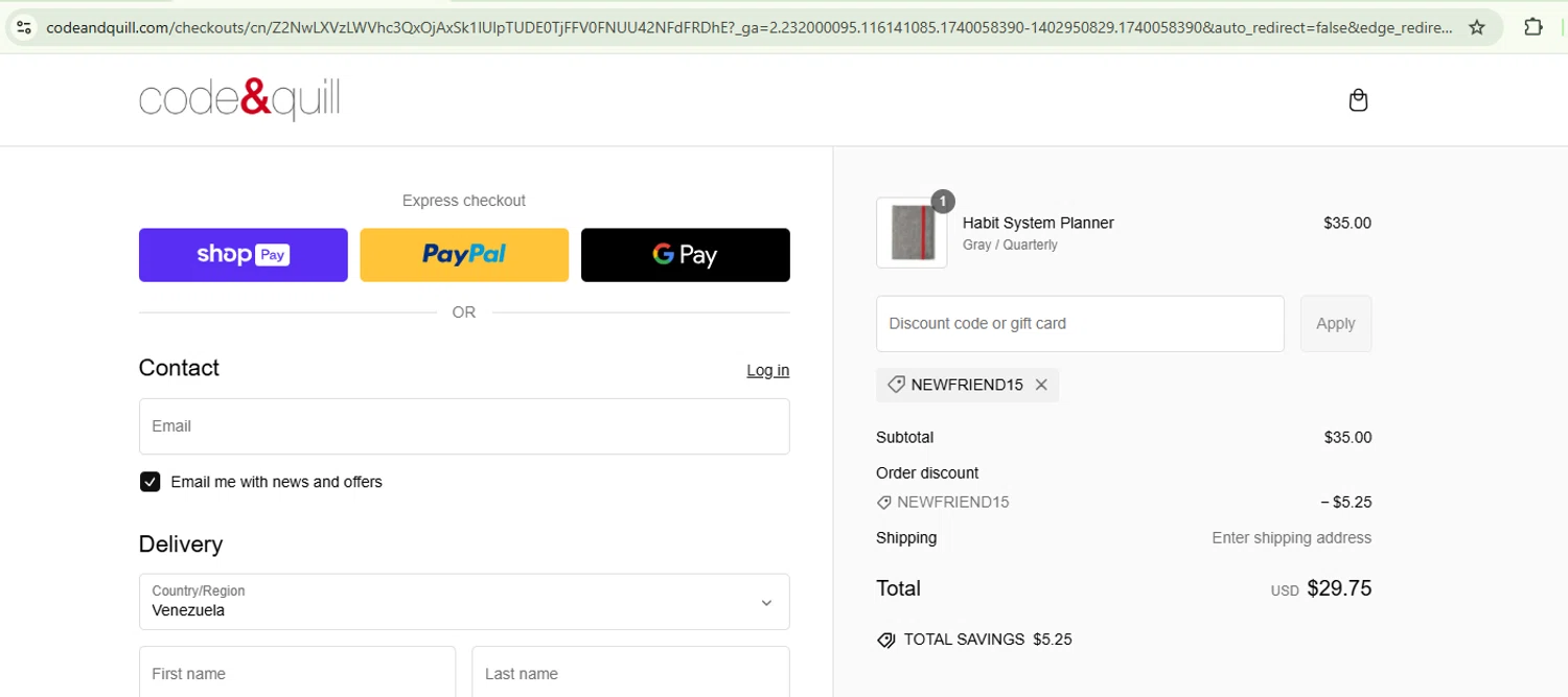 Code & Quill promo code screenshot showing code NEWFRIEND15 applied at Code & Quill checkout page. Uploaded by SimplyCodes community member ShrewdBoss4152 on Feb 20, 2025