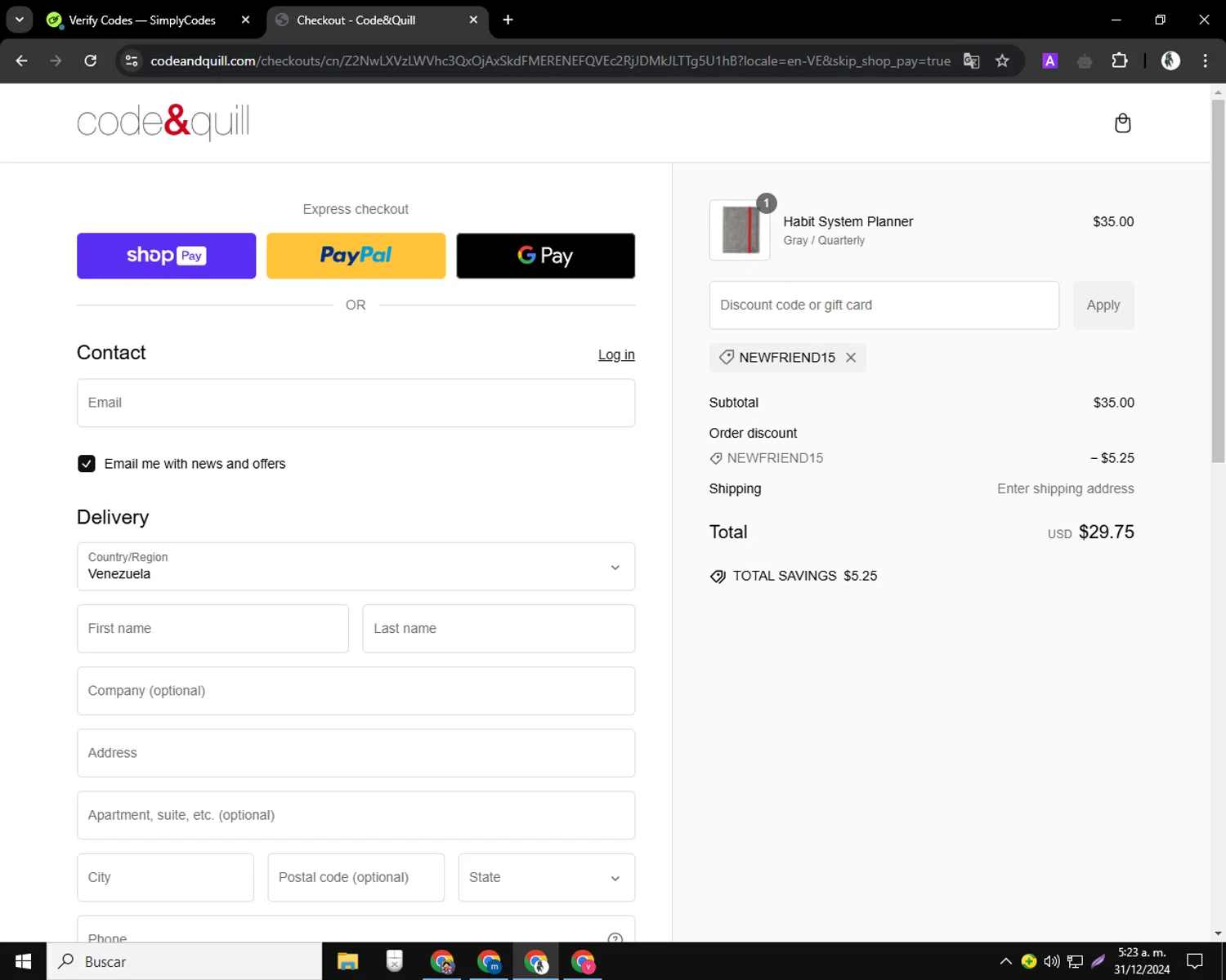 Code & Quill promo code screenshot showing code NEWFRIEND15 applied at Code & Quill checkout page. Uploaded by SimplyCodes community member CleverSentinel9441 on Dec 31, 2024