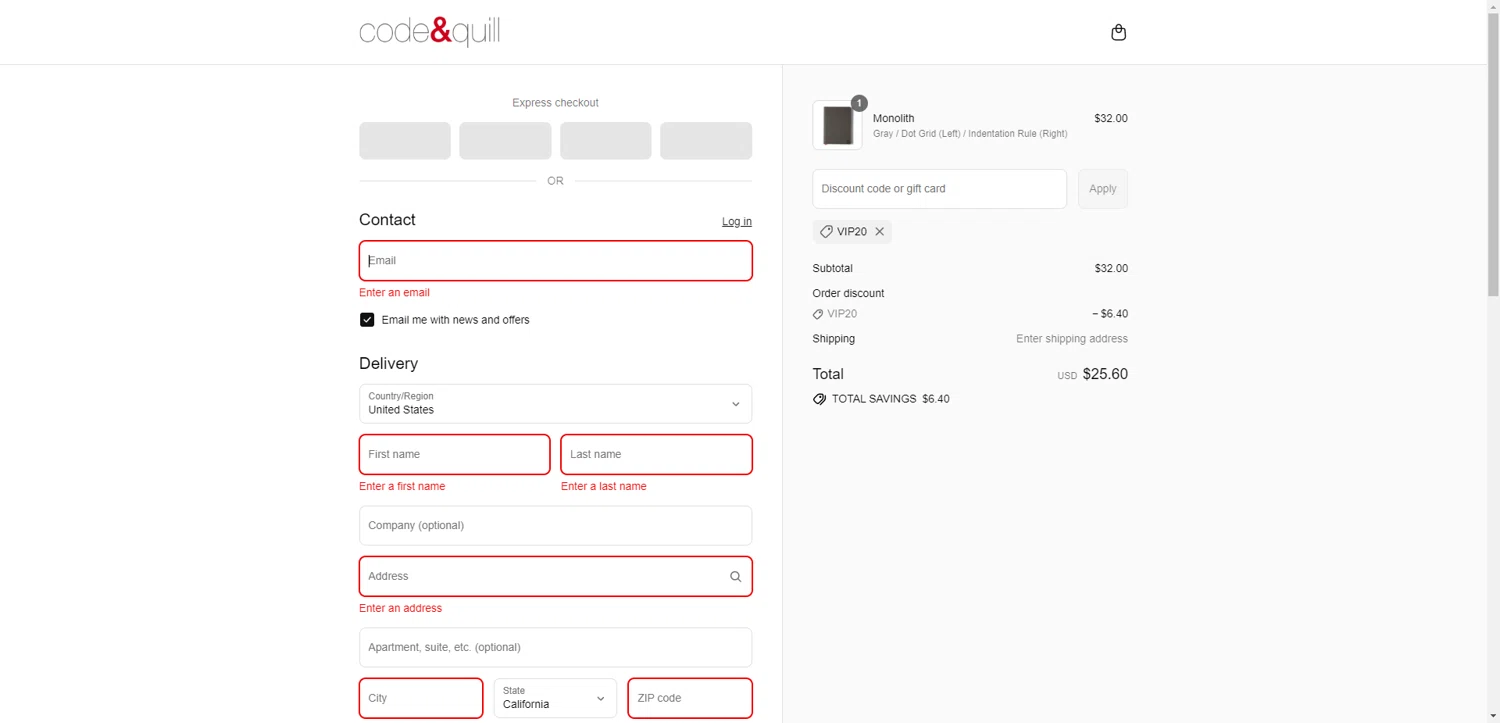 Code & Quill promo code screenshot showing code VIP20 applied at Code & Quill checkout page. Uploaded by SimplyCodes community member RewardTitan728 on Aug 25, 2025